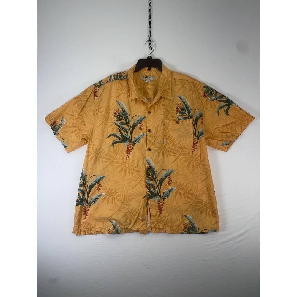 Joe Marlin Shirt Mens 2XL Yellow Floral Hawaiian Short Sleeve Button Up Casual